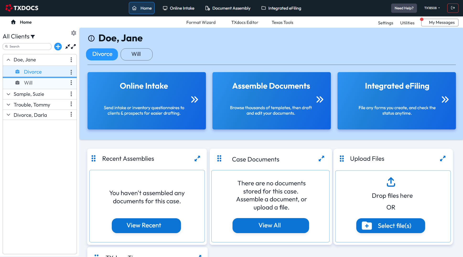 The redesigned TXdocs home screen showing the new Contacts Manager and top menu